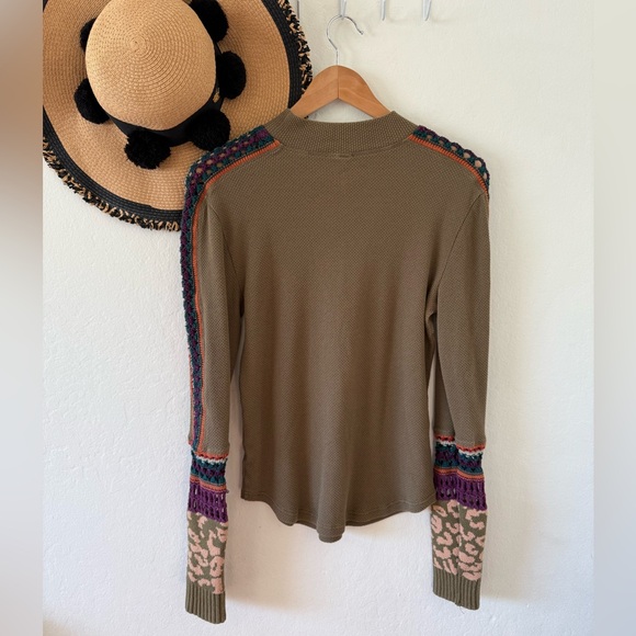 Free People Olive Green Switch It Up Crochet Trim Long Sleeve Thermal Top Large - Picture 5 of 16